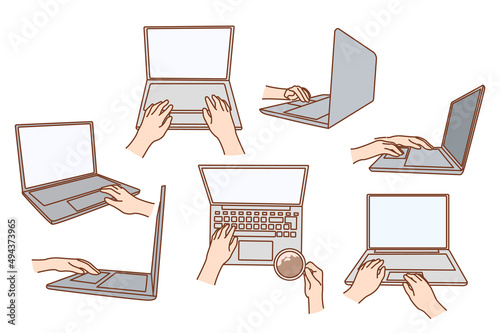 Set of person use modern laptop gadget browsing surfing internet. Collection of people work online on computer from lockdown. Remote job. Technology concept. Vector illustration. 