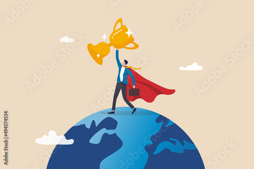 Business worldwide winner, achievement, victory or international success, win global competition, globalization business concept, businessman superhero with award prize trophy winner on planet earth Fototapet