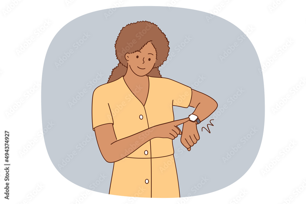 Obraz premium Smiling woman look at smartwatch on hand. Happy African American girl check time on smart watch on wrist. Modern technology concept. Flat vector illustration, cartoon character. 