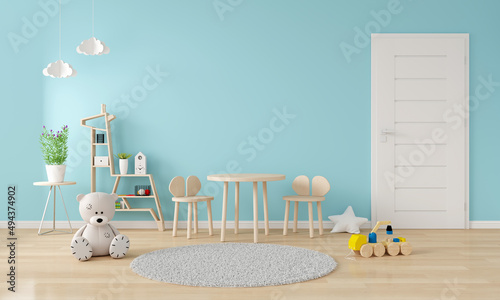 Chair and table in blue child room interior with copy space, 3D rendering