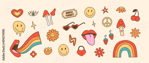 Hippie vintage outline color icons in 70s 80s style. Retro set of stickers with psychedelic elements. Groovy funky mushrooms, flowers and rainbow. Hippy peace sign. Vector illustration. 