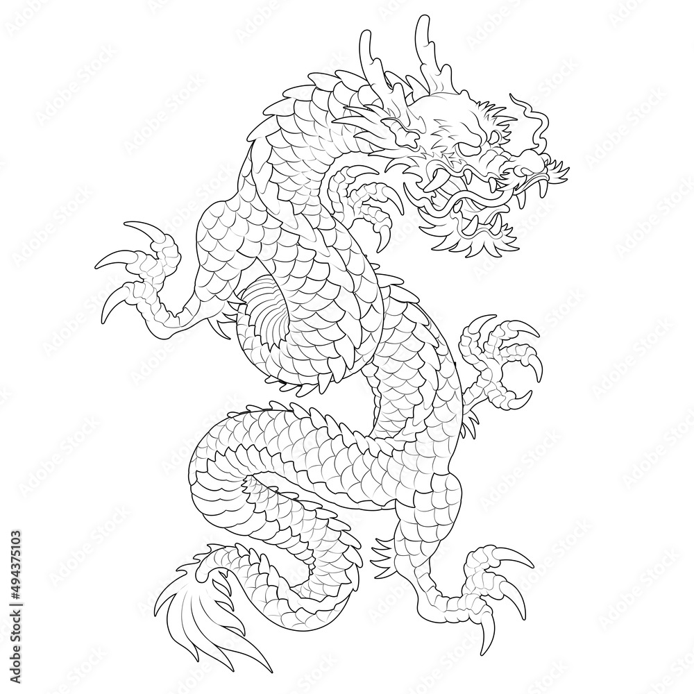 Obraz premium Oriental Dragon Korean Traditional Style Linework Tattoo Design long 건대타투 용문신 타투도안