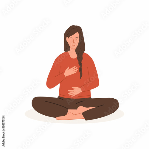 Young female with crossed legs and closed eyes doing abdominal exercise. Woman sitting cross-legged and practice deep belly breathing. Meditation, diaphragm breathing, pranayama yoga. Vector. photo