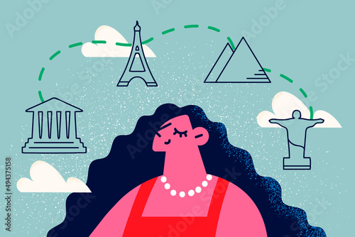 Happy woman dream of traveling around world 
