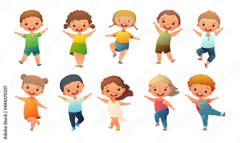 Set of Little Boy and Little girl preschooler. Person in summer clothes. Cute child. Cheerful funny kid. Baby joy. Cartoon style illustration. Flat design. Isolated on white background. Vector Set of Little Boy and Little girl preschooler. Person in summer clothes. Cute child. Cheerful funny kid. Baby joy. Cartoon style illustration. Flat design. Isolated on white background. Vector