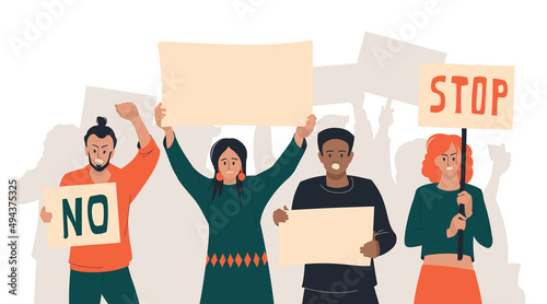 Protest. People with posters express their opinion. Men and women at the rally. Vector image.
