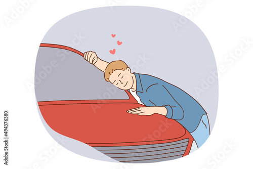 Happy young man hug car feel attached to vehicle. Smiling male client or customer fall in love with automobile buy transportation for retail service. Flat vector illustration. 
