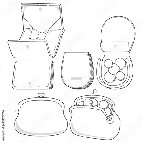 いろいろな形のコインケースの線画のイラスト