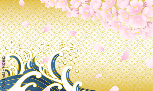 桜吹雪と波の和風ベクターイラスト