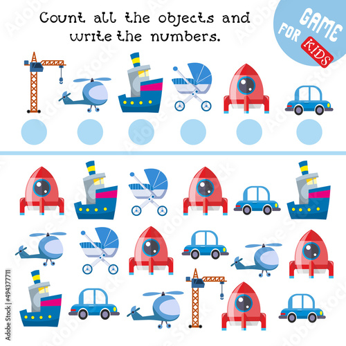 How many objects do you see here. Count and write numbers. Game for children. Math worksheet for kids. Vector color illustration.