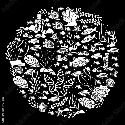 Underwater, Ocean flora and fauna in the circle shape. Hand drawn vector illustration on black background