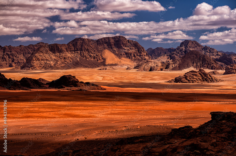 Fototapeta premium An outstanding desert-mountain landscape. Wadi Rum Protected Area, Jordan.