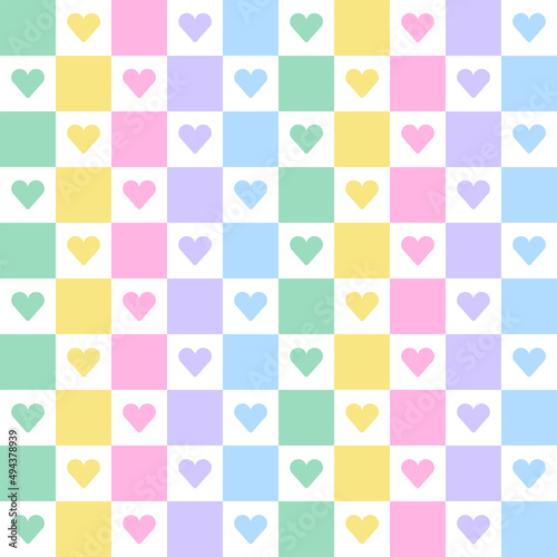 Heart Love Rainbow Valentine's Day Purple Blue Green Yellow Orange Pink Gingham Pattern Square Background Vector Cartoon Illustration Tablecloth, Picnic mat wrap paper, Mat, Fabric, Textile, Scarf.