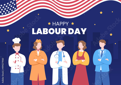 Happy Labor Day from People of Various Professions, Different Background and Thanks to Your Hard Work in Flat Cartoon Illustration for Poster