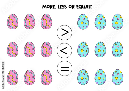 More, less, equal with cartoon Easter eggs.