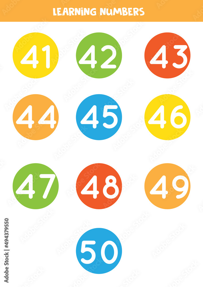 Learning numbers cards from 41 to 50. Colorful flashcards. Learning numbers cards from 41 to 50. Colorful flashcards.
