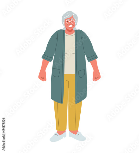 Angry senior woman in aggressive full body pose.Cartoon style
