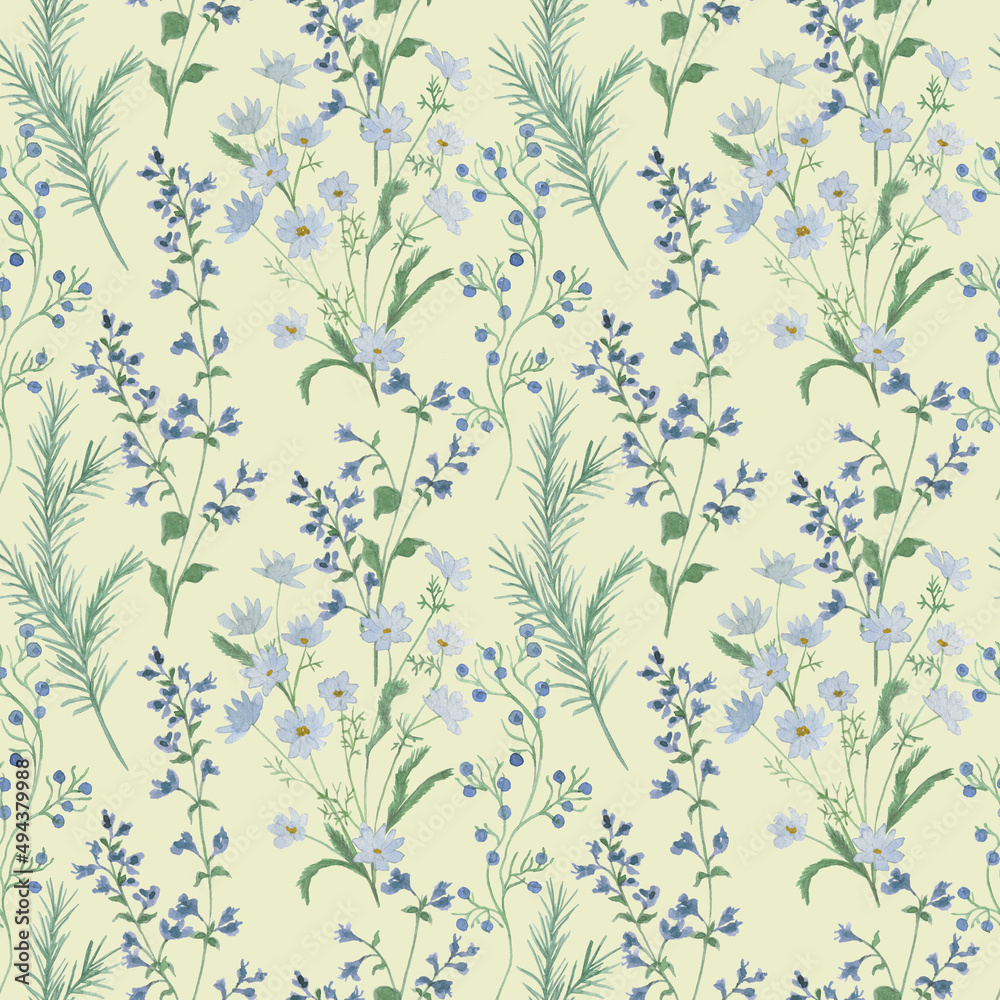 Watercolor painting light floral seamless pattern with blue wildflowers