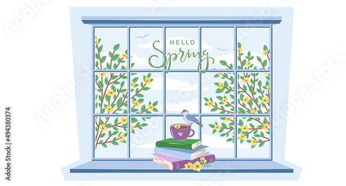 Hello spring. Books, cup of tea or coffee and a bird near spring window. Vector illustration