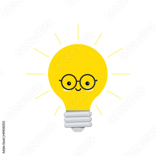 Cute light bulb in eyeglasses clever funny cartoon vector character. Flat design kawaii electric lamp emoji with face illustration isolated on white background. Lightbulb mascot.