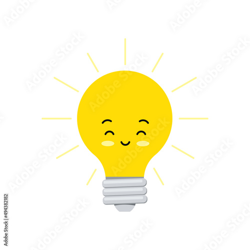 Cute light bulb smiling kids funny cartoon vector character. Flat design kawaii electric lamp emoji with face illustration isolated on white background. Lightbulb mascot.
