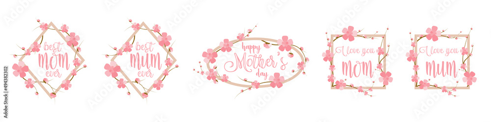 Mother day frame set with pink cherry flowers. Mom and Mum versions template. Cute layout for sale banner.