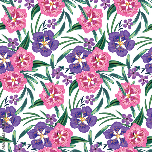 Seamless floral pattern with bouquets of tropical plants  leaves on a light background. Spring  summer print  botanical surface with pink hand drawn flowers  lush foliage. Vector illustration.