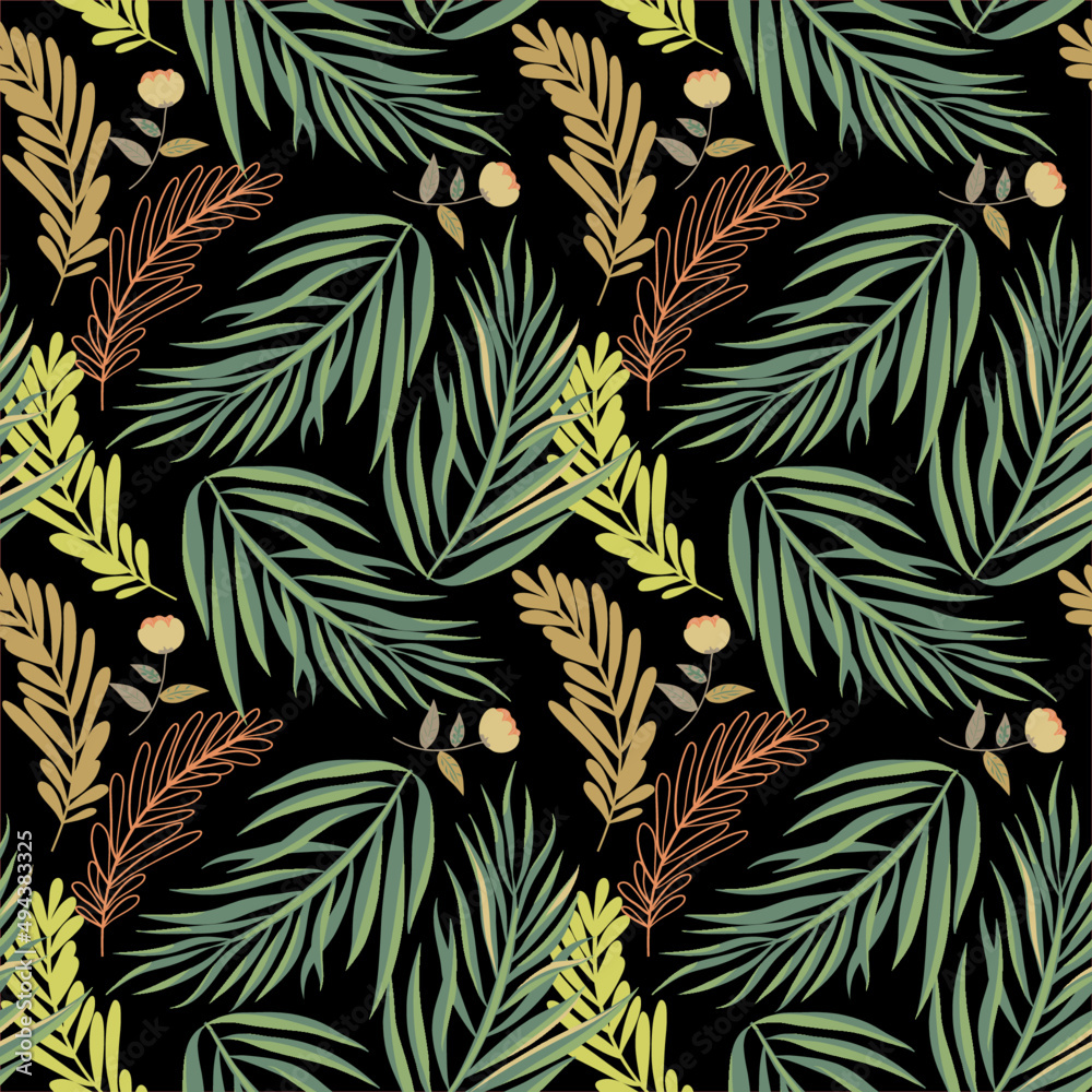 Tropical floral foliage palm leaves seamless pattern