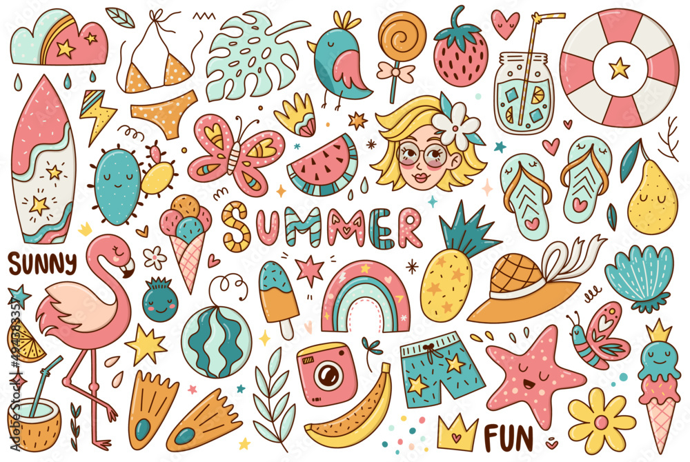 Fototapeta premium Summer doodles clipart set, vector season funny elements