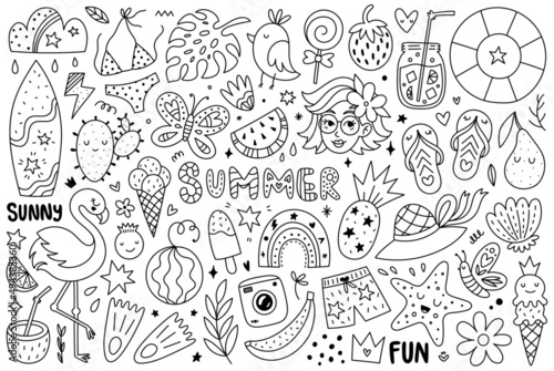 Summer doodles clipart set, vector season funny elements