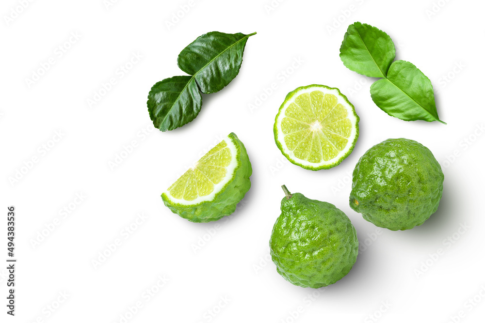 Bergamot fruit with cut in half sliced and leaf isolated on white background.