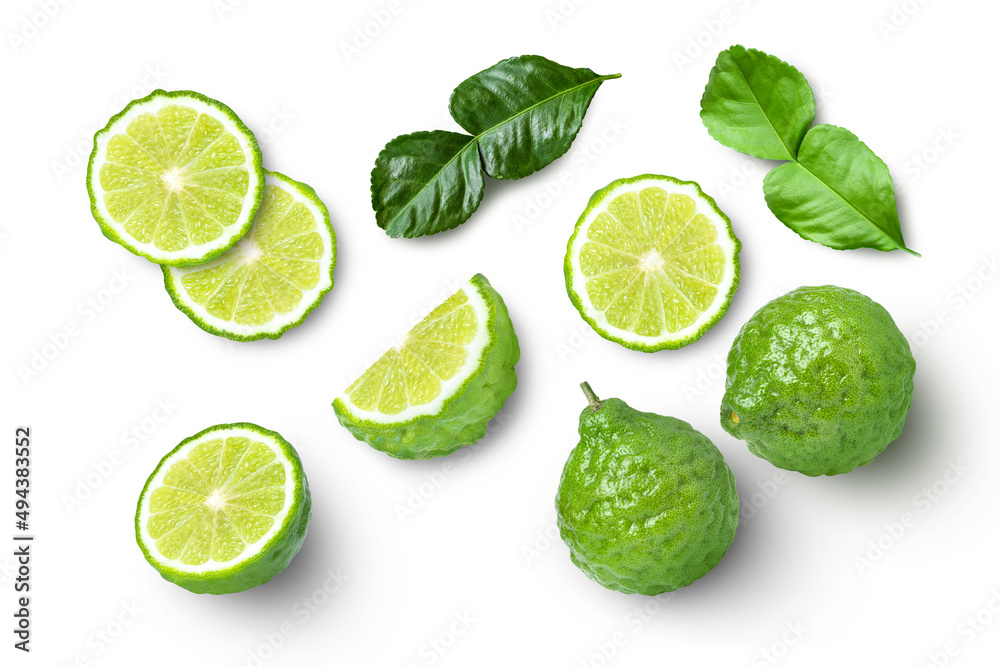Bergamot fruit with green leaf isolated on white background. Top view. Flat lay.