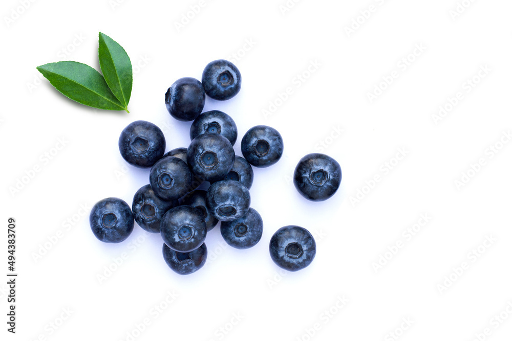 Group of fresh Blueberry fruit with green leaves isolated on white background. Top view. Flat lay.
