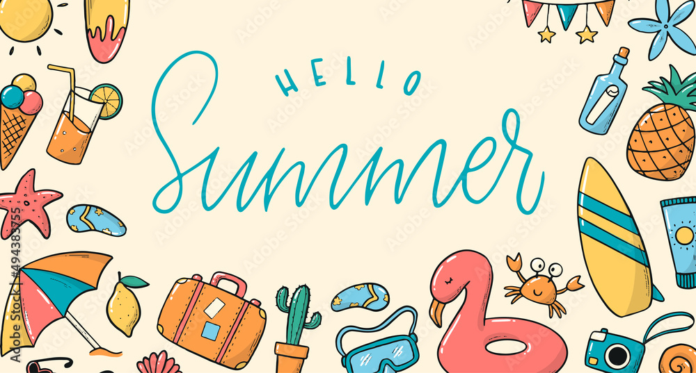 horizontal summer banner decorated with doodles and lettering quote. Good for posters, greeting cards, templates, invitations, labels, etc. EPS 10