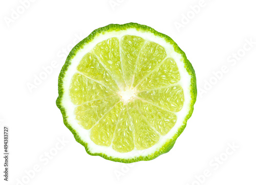 Cross section slice of fresh bergamot or kaffir lime fruit isolated on white background. Top view. Flat lay.