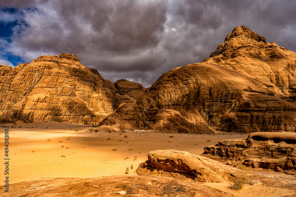 An outstanding desert-mountain landscape. Wadi Rum Protected Area, Jordan.