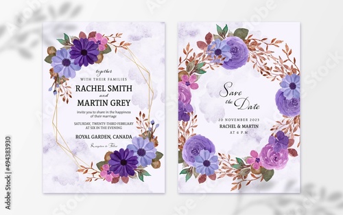 Set of Purple Watercolor Floral Wedding Invitation