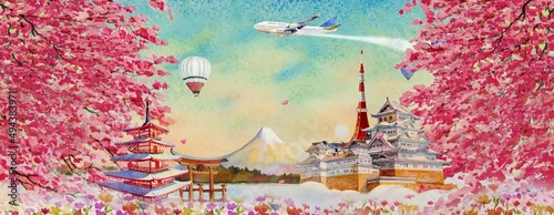 Travel ancient architecture landmarks Japan with panorama animation rendering to Tokyo with spring sakura in the wind, Watercolor painting tour landmarks Japan Kyoto with landscape background.