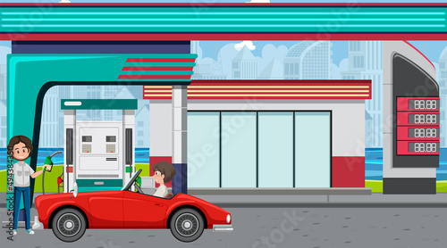 Gas station cartoon scene
