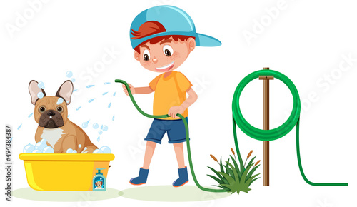 Cartoon boy washing her dog
