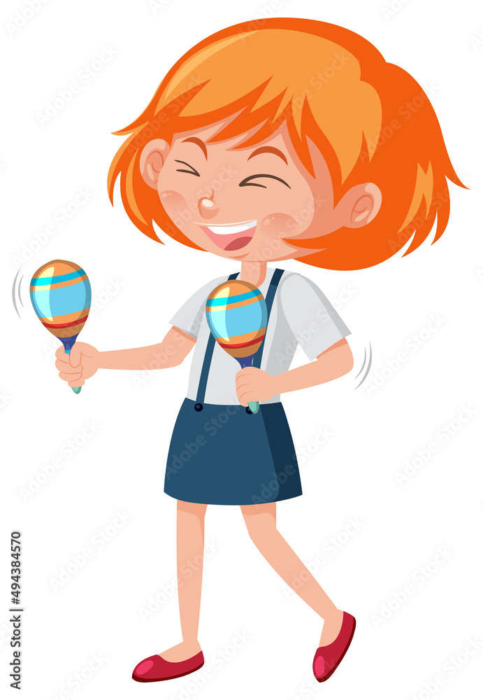 A happy girl playing maracas on white background A happy girl playing maracas on white background
