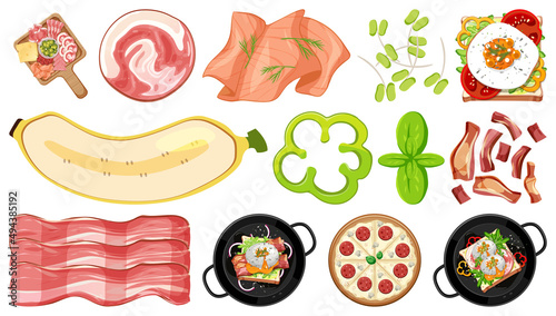 Collection of food ingredients on white background