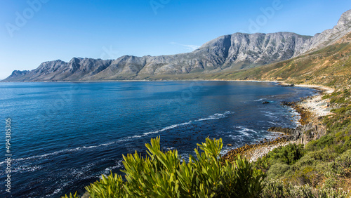 Scenic ocean shoreline of a small bay surrounded with mountains and Cape Fynbos plants with a blue sky 