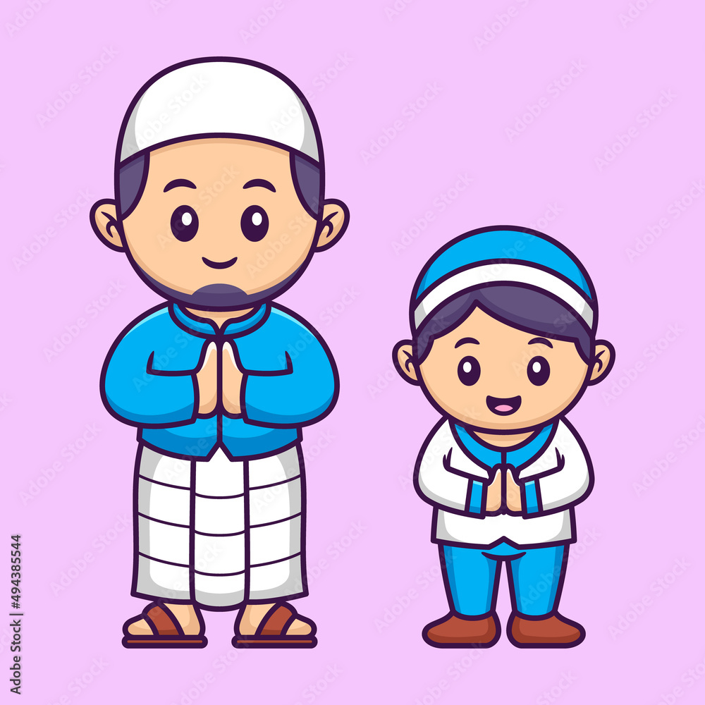 Cute Muslim Father and Son in Cartoon. Ramadan Vector Illustration. Flat Style Concept. Cute Muslim Father and Son in Cartoon. Ramadan Vector Illustration. Flat Style Concept.