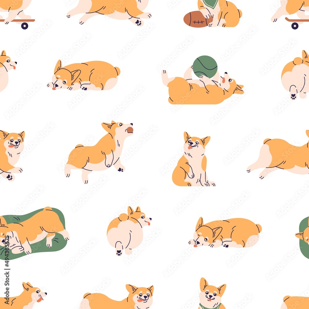 Cute corgi pattern. Seamless background with repeating funny dogs print. Endless repeatable backdrop, texture design with amusing doggies, puppies for decoration. Colored flat vector illustration