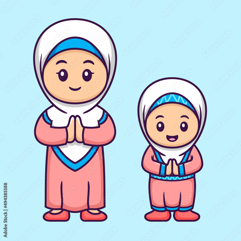 Cute Muslim Mother and Daughter in Cartoon. Ramadan Vector Illustration. Flat Style Concept.