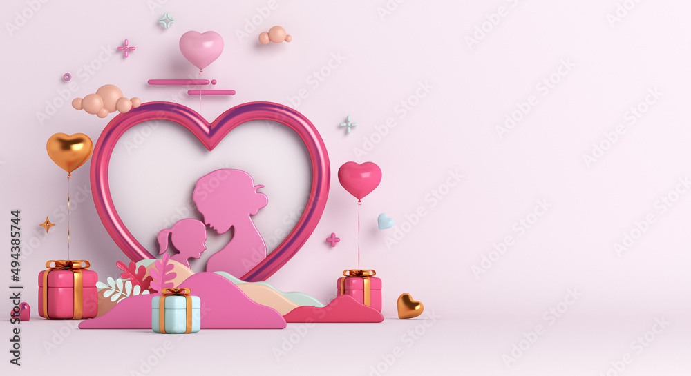 Happy Mothers day background with frame, gift box, heart shape balloon, leaves copy space text, 3D rendering illustration Happy Mothers day background with frame, gift box, heart shape balloon, leaves copy space text, 3D rendering illustration