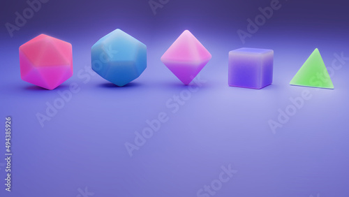 line of colourful Platonic solids on a blue surface with empty copy space (polyhedra - tetrahedron, cube, octahedron, dodecahedron and icosahedron, 3d) photo