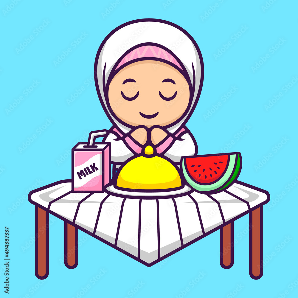 Cute Muslim Girl Iftar in Cartoon. Premium Vector Illustration. Flat Style Concept. Cute Muslim Girl Iftar in Cartoon. Premium Vector Illustration. Flat Style Concept.