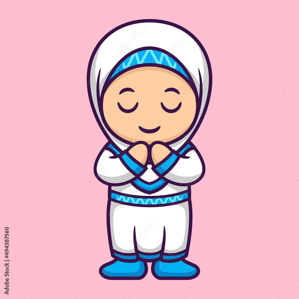 Cute Muslim Girl Praying in Cartoon. Premium Vector Illustration. Flat Style Concept. Cute Muslim Girl Praying in Cartoon. Premium Vector Illustration. Flat Style Concept.
